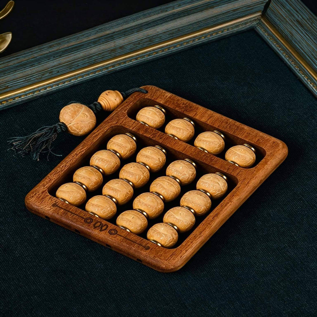 Abacus palm worry stone with bodhi seed beads, brass axle and solid wood frame