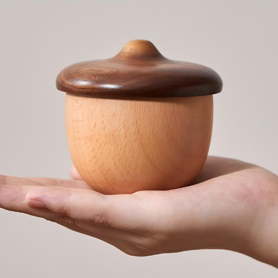 Acorn solid wood music box in black walnut and beech, wind-up mechanical gift