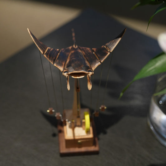 Animated wooden manta ray, USB-C rechargeable motorized desk sculpture