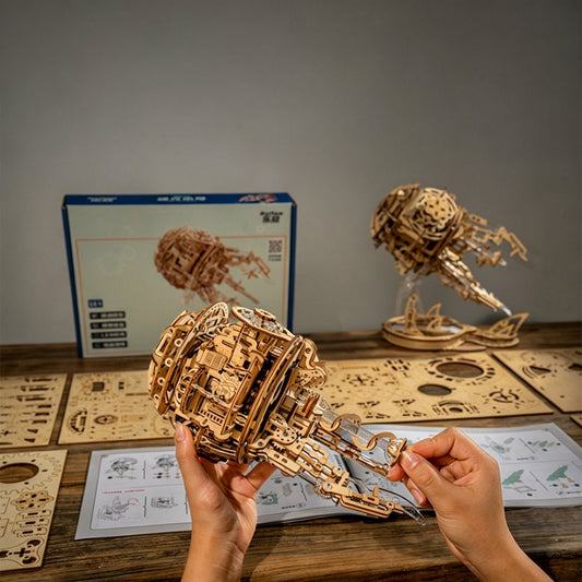 Auroral jellyfish 3D wooden puzzle mechanical music box with LED, 355-piece DIY kit