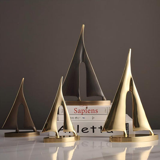 Bronze sailboat desktop ornament, copper sculpture on brass base for office gift