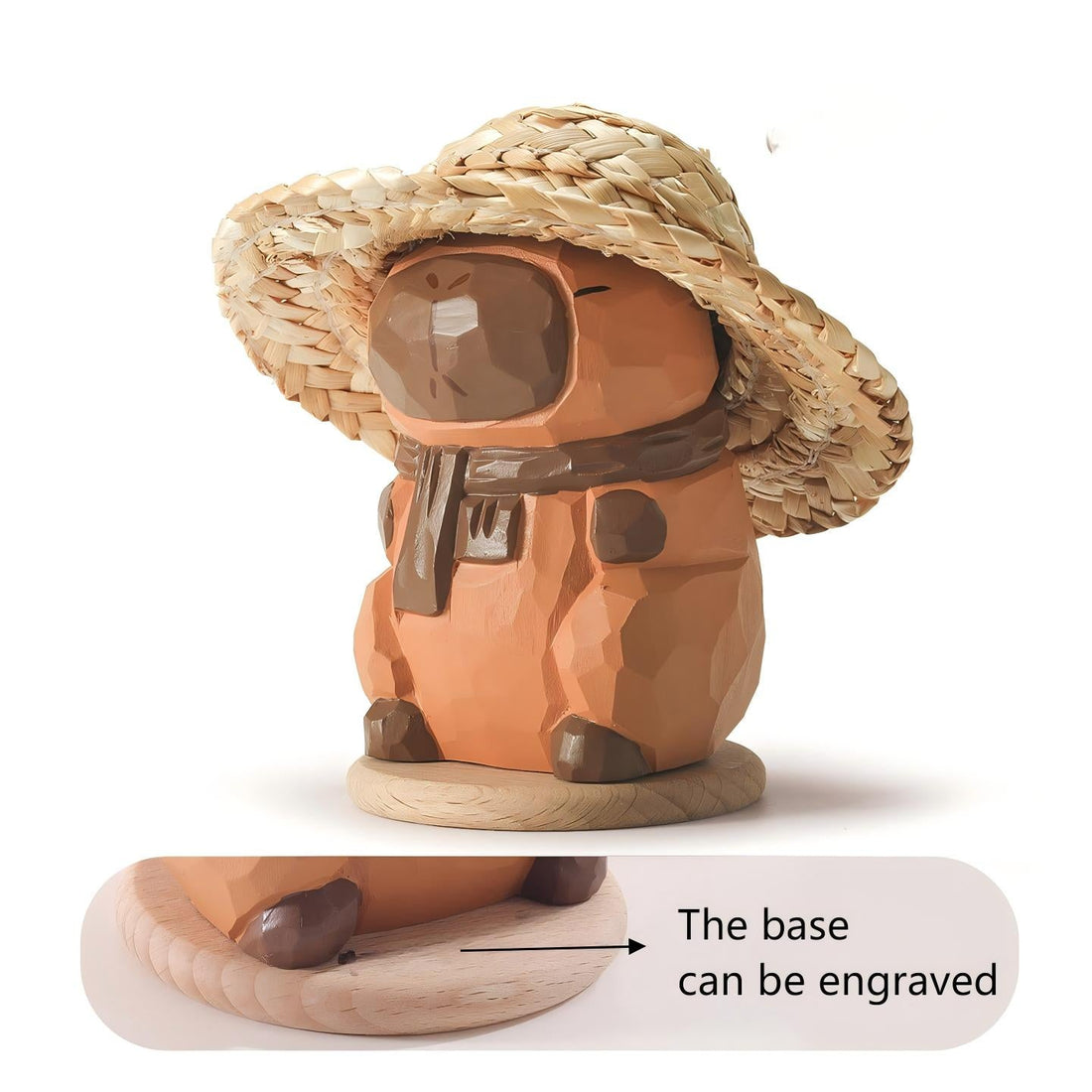 Handcrafted capybara wood sculpture, example of engraved wooden desk decor