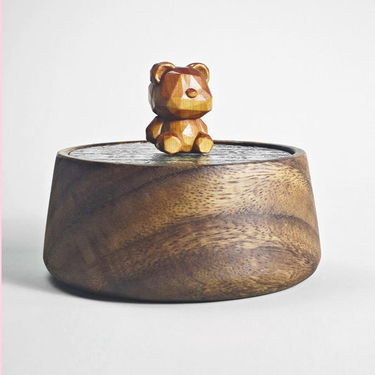 Carved bear walnut wood trinket box with embossed glass lid, engravable desk decor