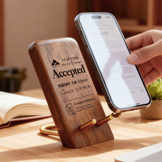 Custom engraved wooden phone stand in black walnut with brass accent