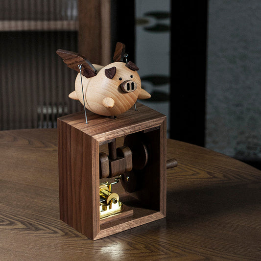 Flying pig hand-crank wooden music box desk ornament, motivational gift