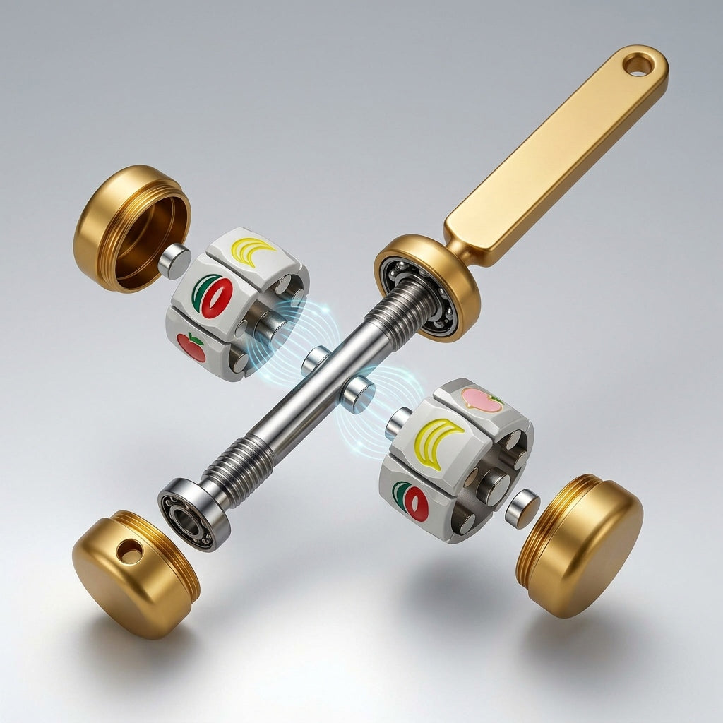 Fruit slot machine fidget spinner in vintage brass with magnetic clicker