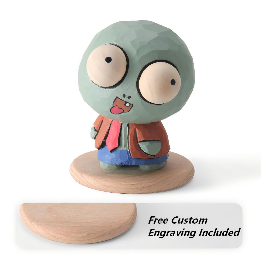 Hand-carved zombie wood sculpture, hand-painted quirky desk ornament