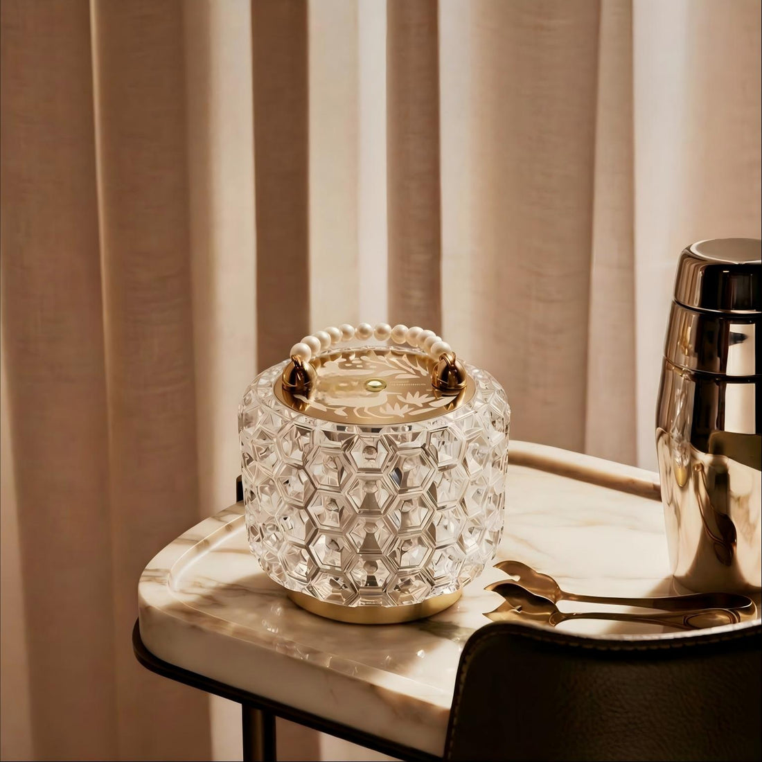Honeycomb crystal lantern table lamp with pearl handle, cordless and rechargeable