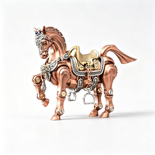 Mechanical war horse metal assembly figurine, dragon-horse steampunk design in three metals