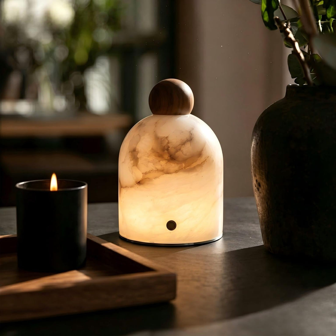 Natural alabaster dome lamp, soft glow for winter video call background