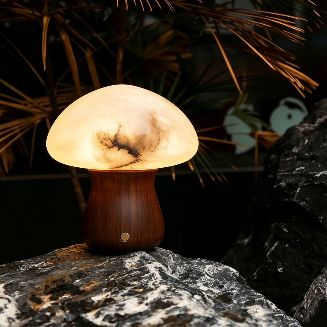 Natural alabaster mushroom table lamp in solid cloud stone with hardwood stem