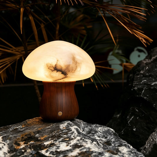 Natural alabaster mushroom table lamp in solid cloud stone with hardwood stem