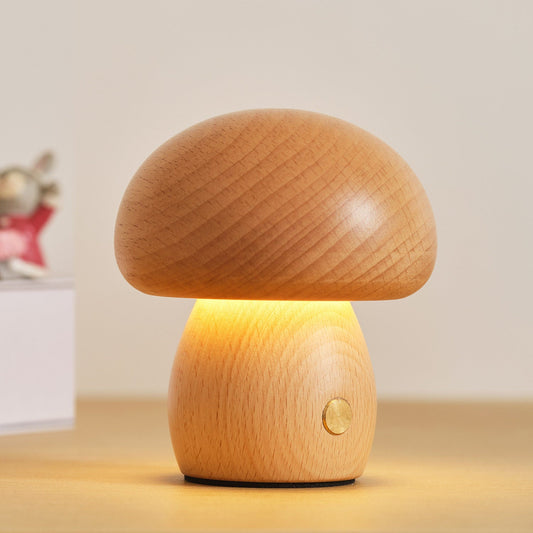 Solid wood mushroom ambient lamp with 3000K warm LED and touch dimmer