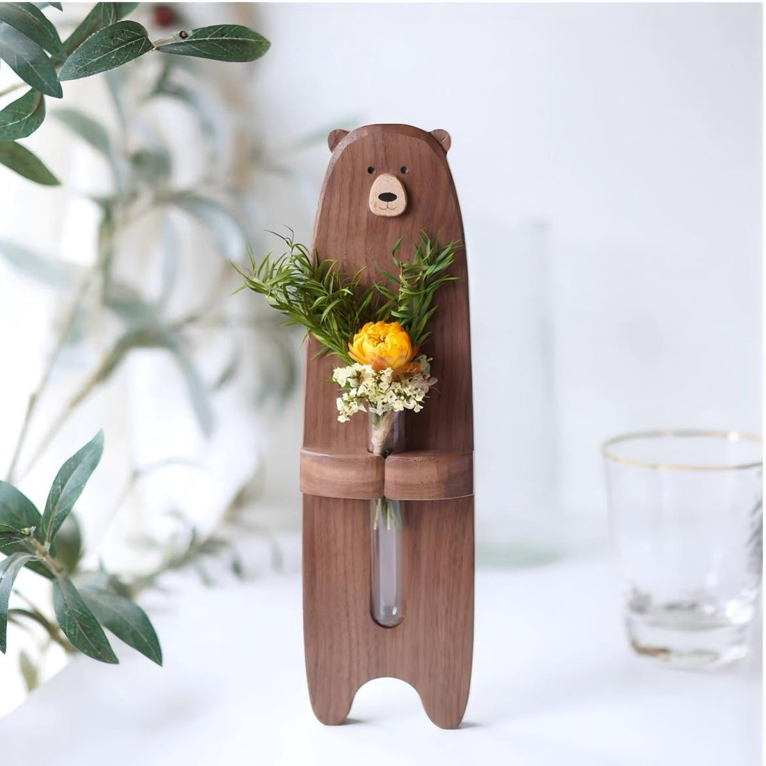 Wooden bear flower vase with glass test tube planter and fridge magnet