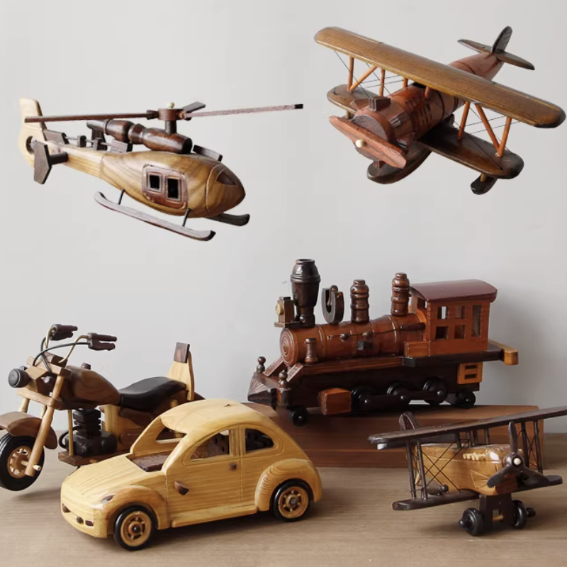 Vintage wooden vehicle blind box collection, handcrafted airplane and train models
