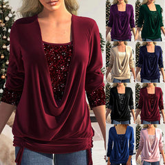 Beaded collision clean color long-sleeved women's loose-fitting pleated mock two-piece top