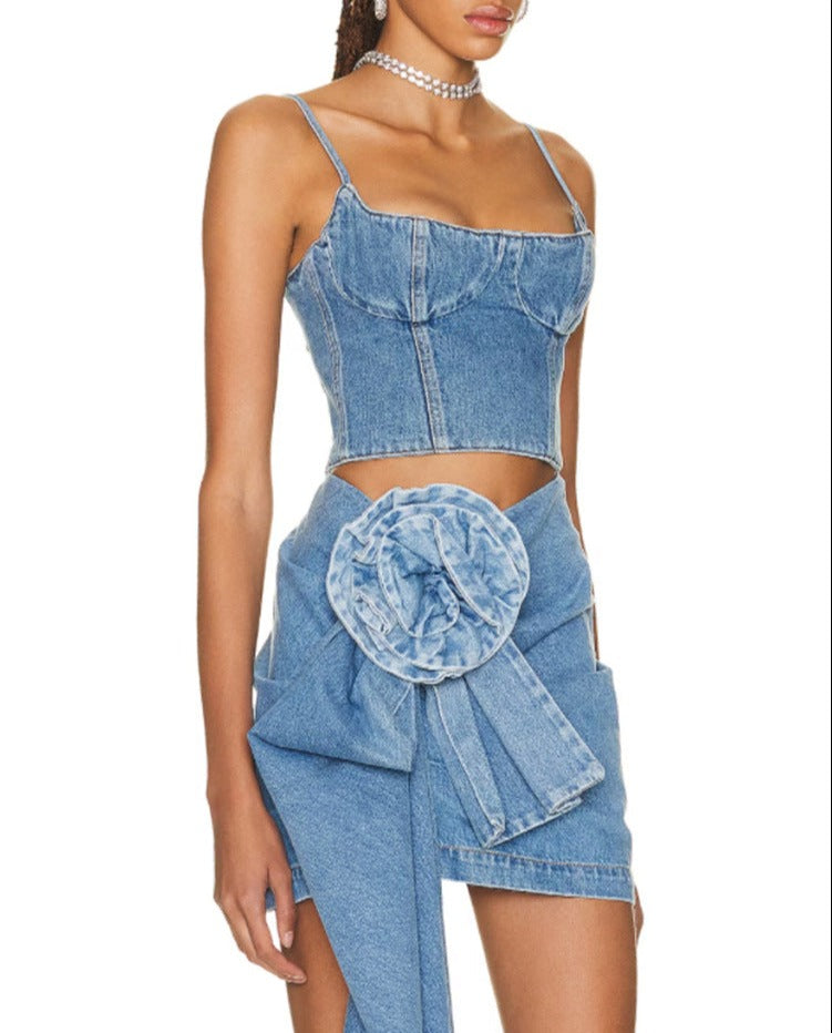 Fashionable Back Zipper Closure Denim Camisole Top with Chest Design + 3D Rose Ribbon Hem Pencil Skirt