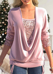 Beaded collision clean color long-sleeved women's loose-fitting pleated mock two-piece top