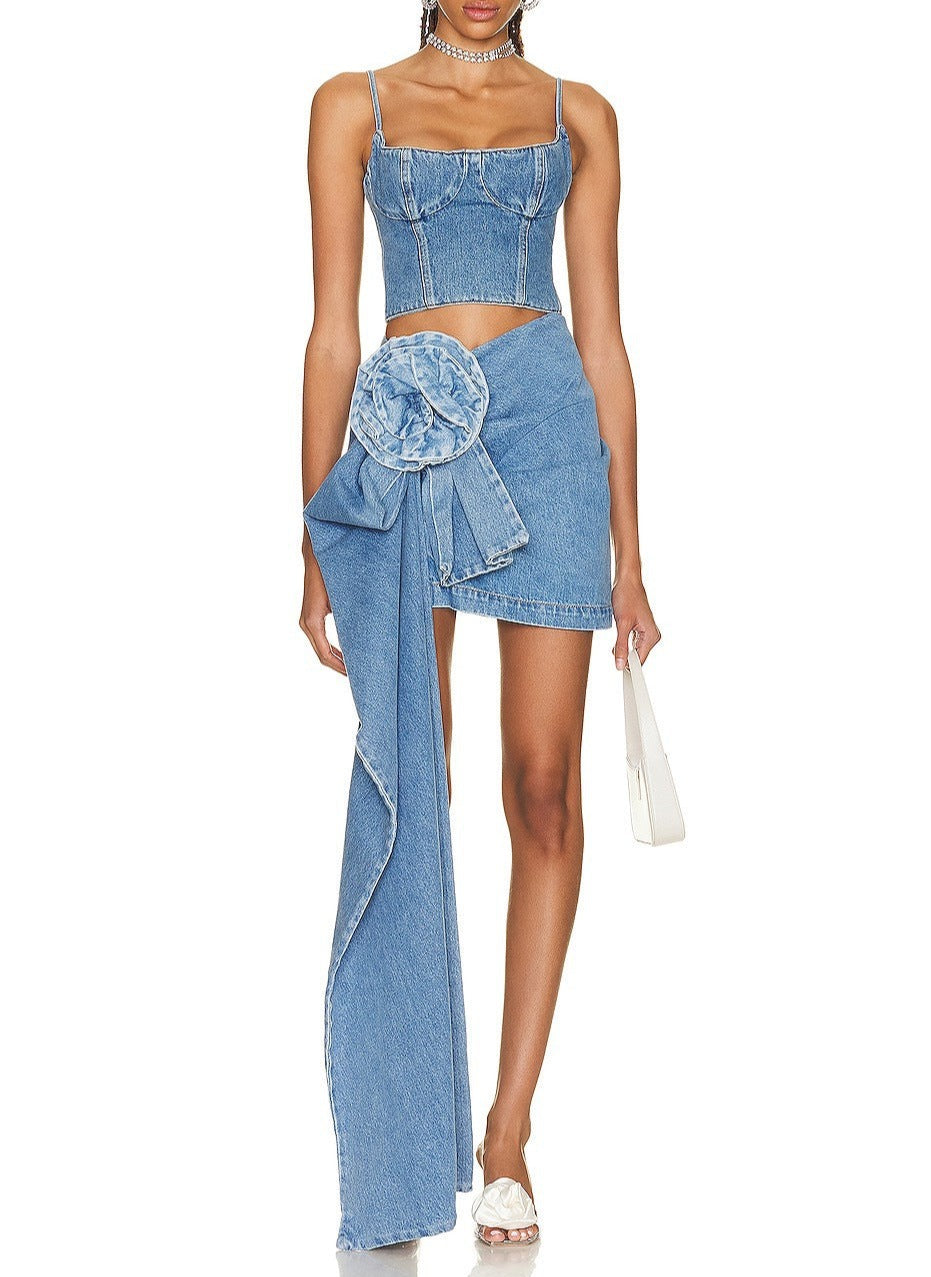 Fashionable Back Zipper Closure Denim Camisole Top with Chest Design + 3D Rose Ribbon Hem Pencil Skirt