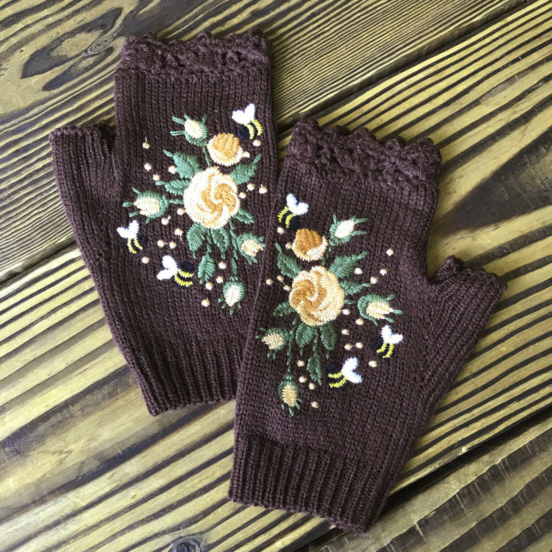 Trendy Botanical Floral Embroidered Half Finger Gloves