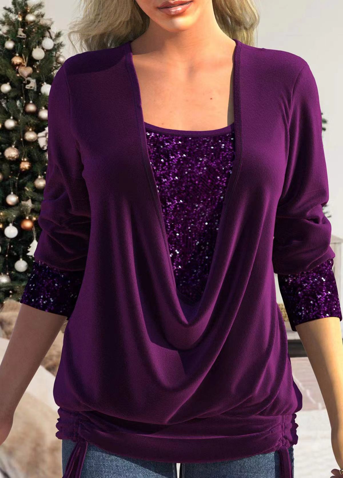 Beaded collision clean color long-sleeved women's loose-fitting pleated mock two-piece top