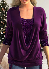 Beaded collision clean color long-sleeved women's loose-fitting pleated mock two-piece top