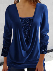 Beaded collision clean color long-sleeved women's loose-fitting pleated mock two-piece top