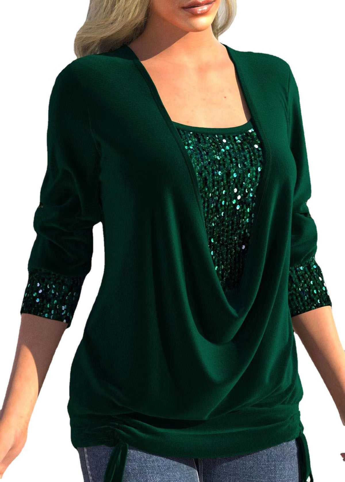 Beaded collision clean color long-sleeved women's loose-fitting pleated mock two-piece top