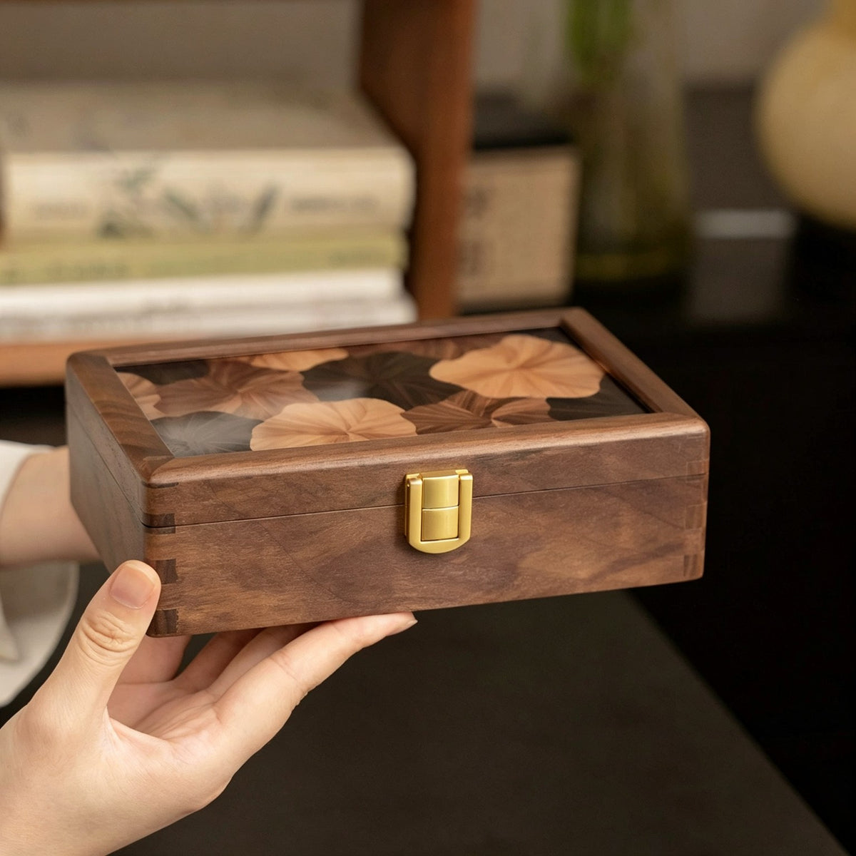 Inlaid Walnut Jewelry & Keepsake Box | Velvet Lining, Brass Clasp
