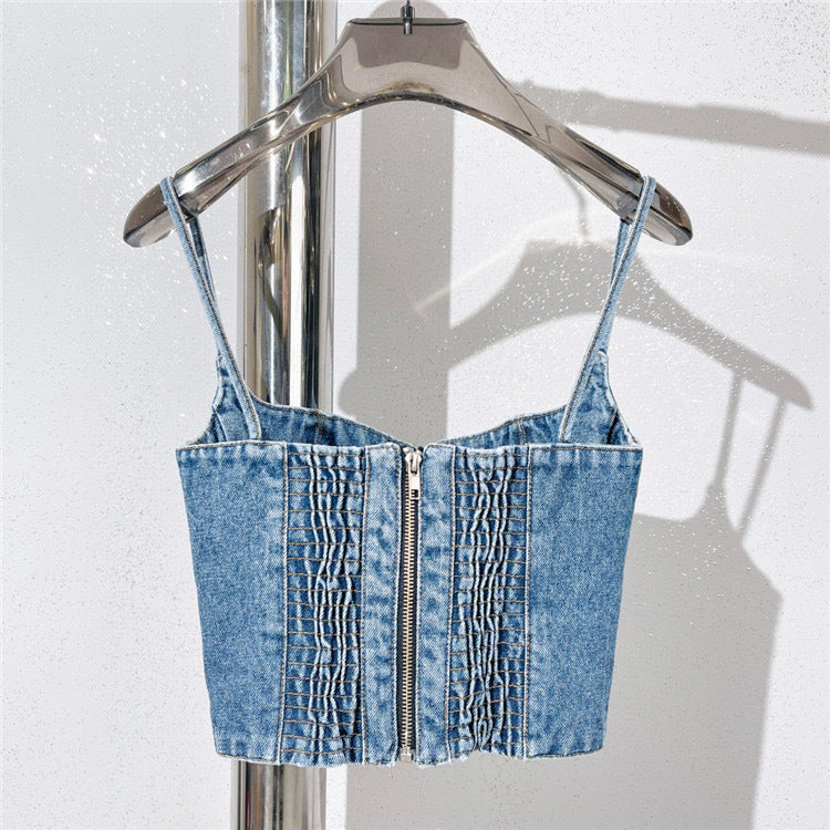 Fashionable Back Zipper Closure Denim Camisole Top with Chest Design + 3D Rose Ribbon Hem Pencil Skirt