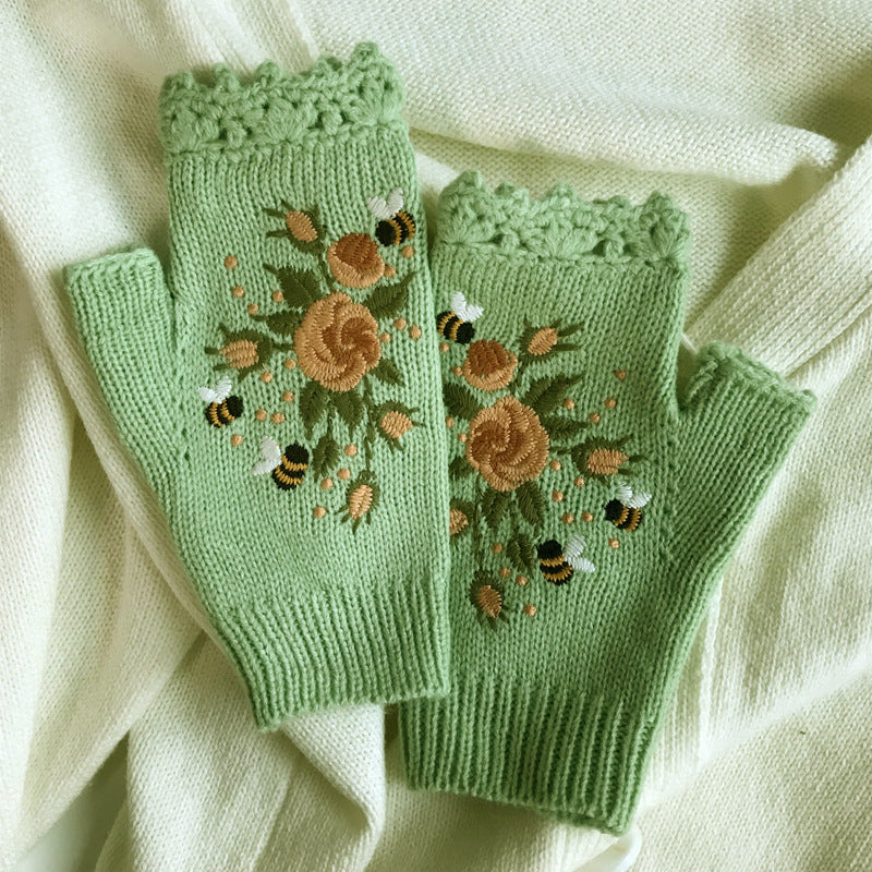 Trendy Botanical Floral Embroidered Half Finger Gloves