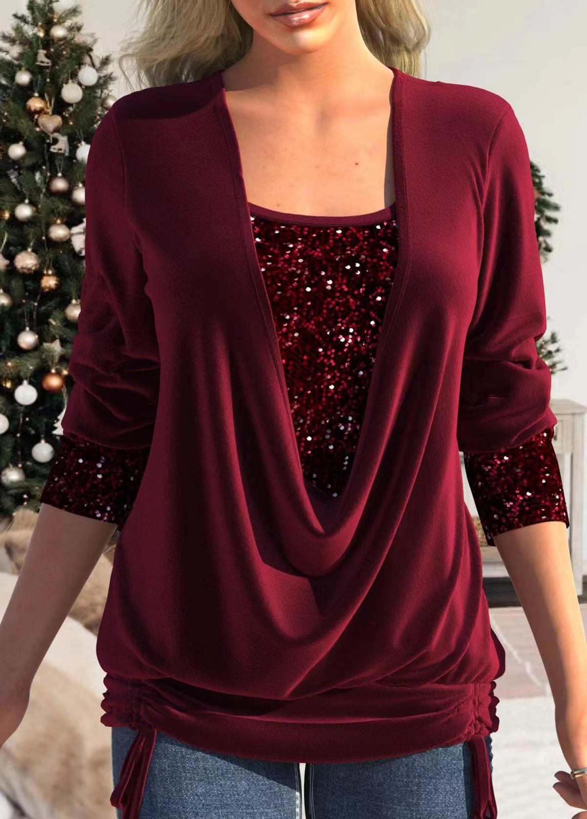 Beaded collision clean color long-sleeved women's loose-fitting pleated mock two-piece top