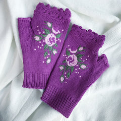 Trendy Botanical Floral Embroidered Half Finger Gloves