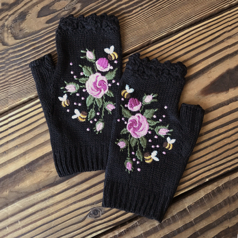 Trendy Botanical Floral Embroidered Half Finger Gloves