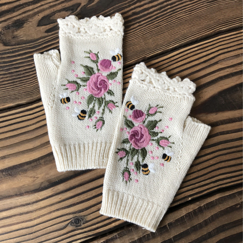 Trendy Botanical Floral Embroidered Half Finger Gloves
