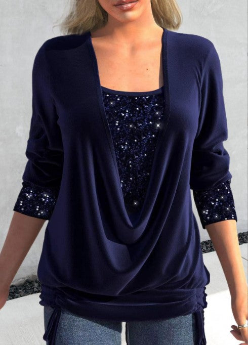 Beaded collision clean color long-sleeved women's loose-fitting pleated mock two-piece top