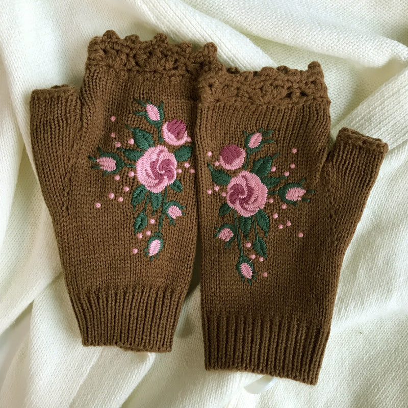Trendy Botanical Floral Embroidered Half Finger Gloves