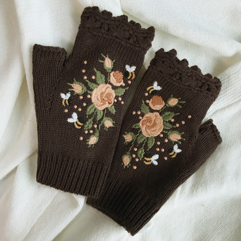 Trendy Botanical Floral Embroidered Half Finger Gloves
