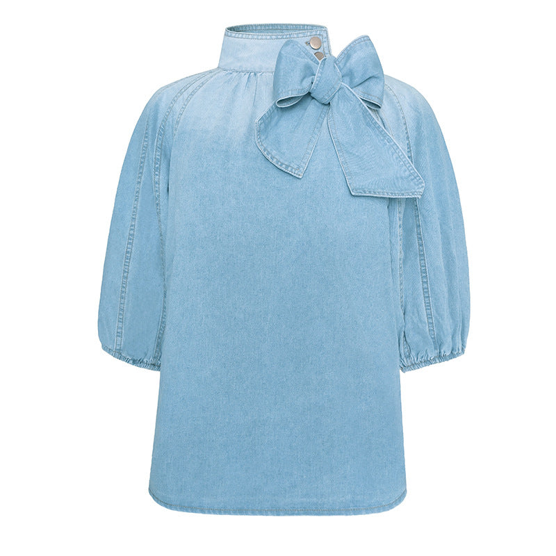 Women's Denim Shirt 1/2 Sleeve Decoration Tie Front Top Shirt Jean Choker Jacket