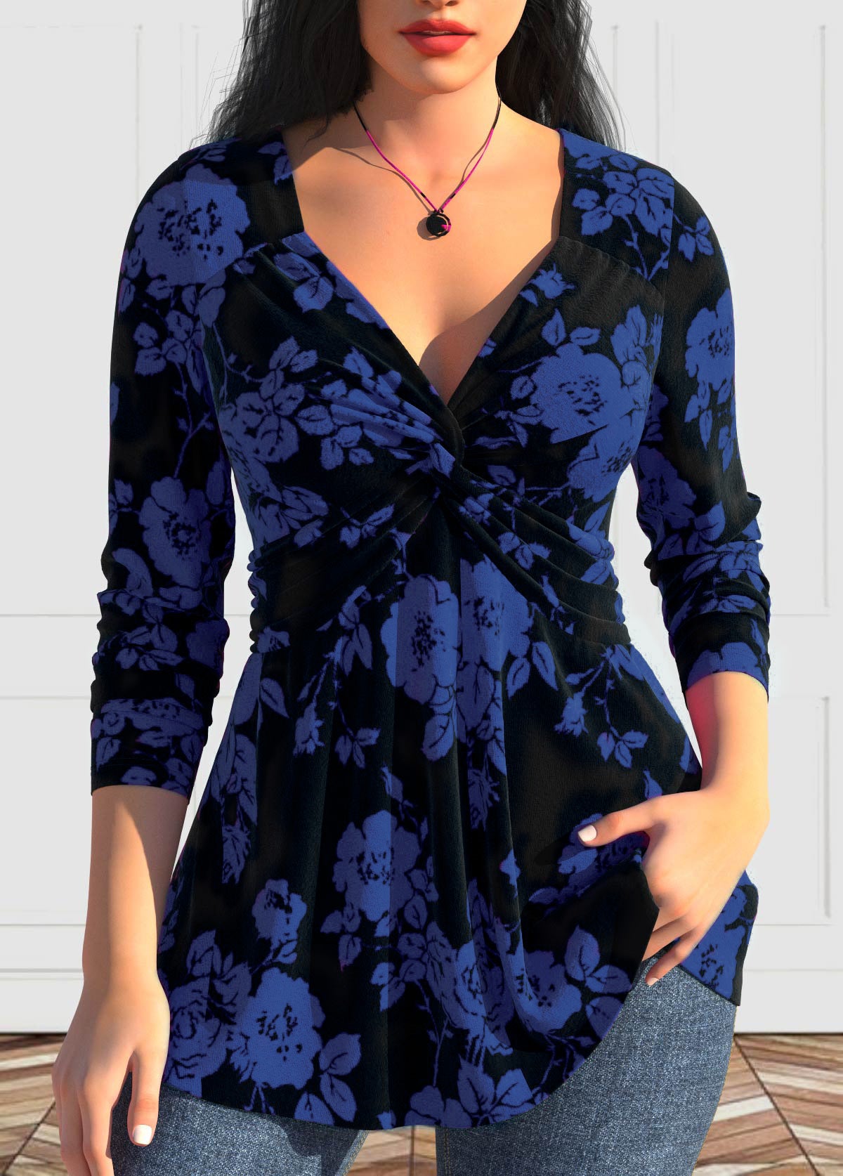 Large size women's V-neck Polyester Fibre shirt long sleeve printed shirt