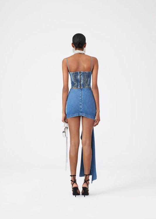 Fashionable Back Zipper Closure Denim Camisole Top with Chest Design + 3D Rose Ribbon Hem Pencil Skirt
