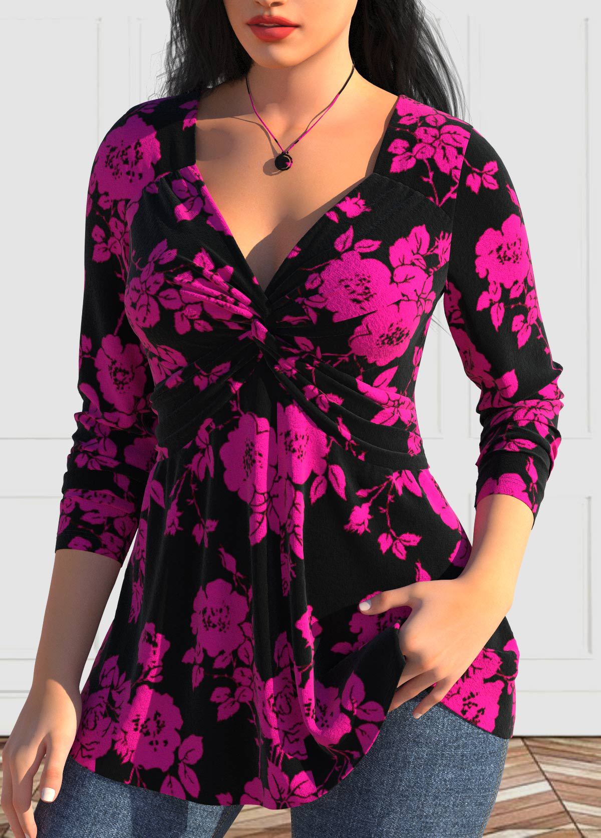 Large size women's V-neck Polyester Fibre shirt long sleeve printed shirt