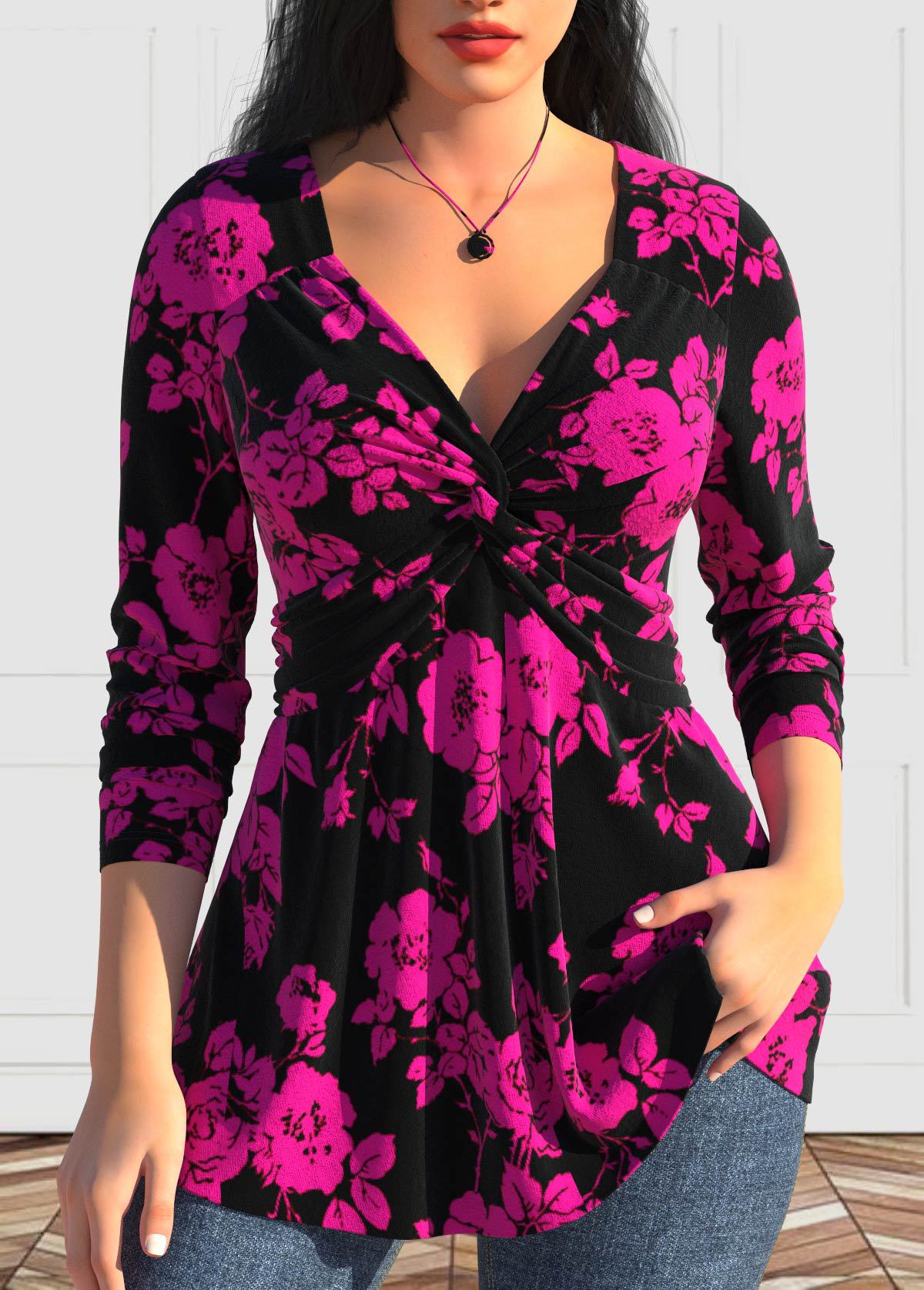 Large size women's V-neck Polyester Fibre shirt long sleeve printed shirt