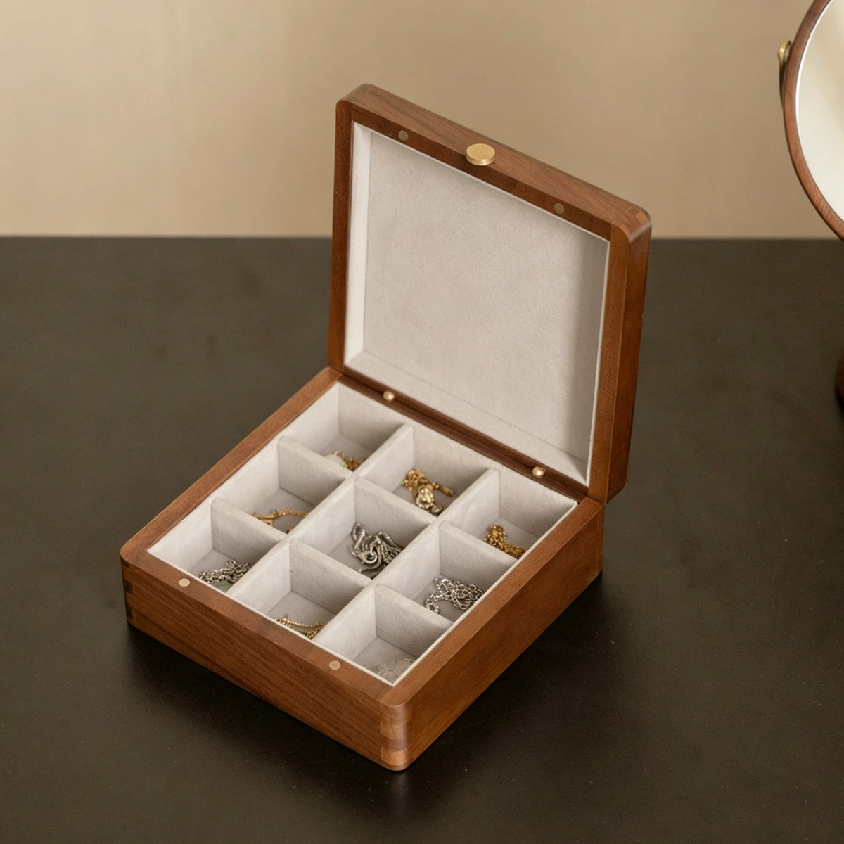9-Grid Walnut Jewelry & Keepsake Box | Removable Dividers