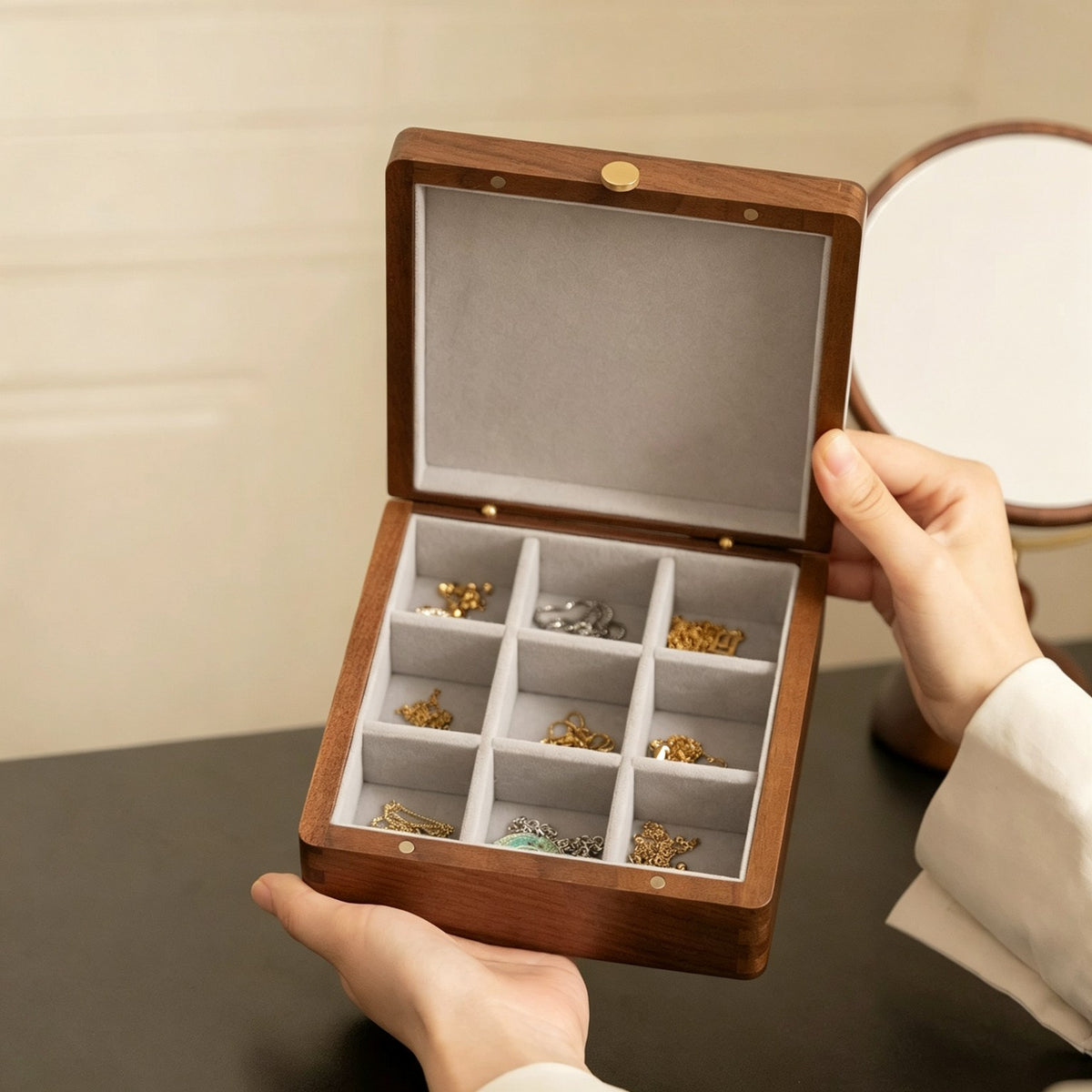 9-Grid Walnut Jewelry & Keepsake Box | Removable Dividers