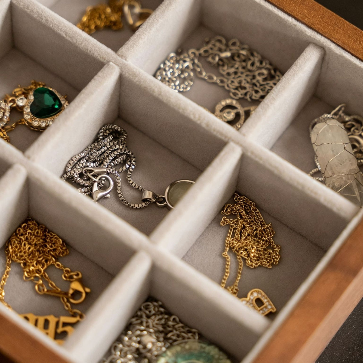9-Grid Walnut Jewelry & Keepsake Box | Removable Dividers