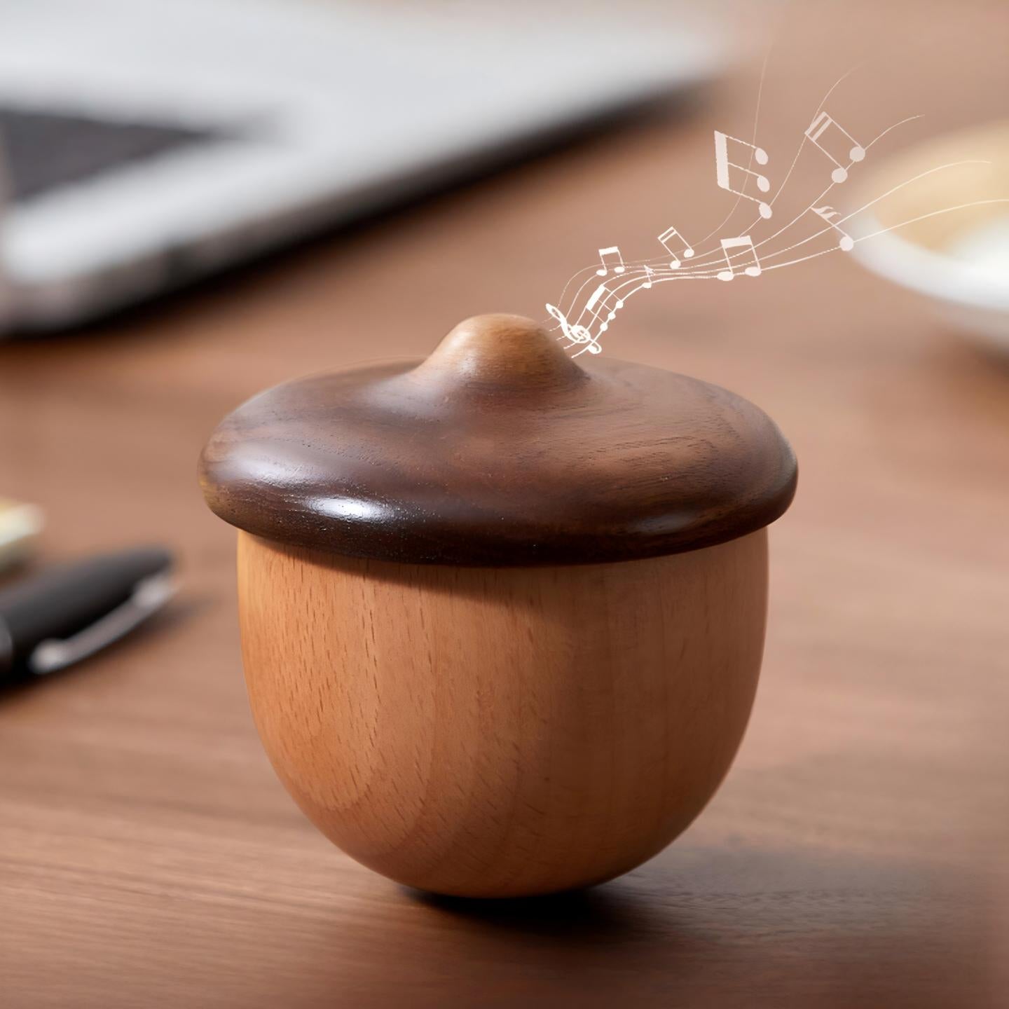 Acorn Solid Wood Music Box | Black Walnut & Beech | Wind-Up Mechanical | Engravable Gift for Her