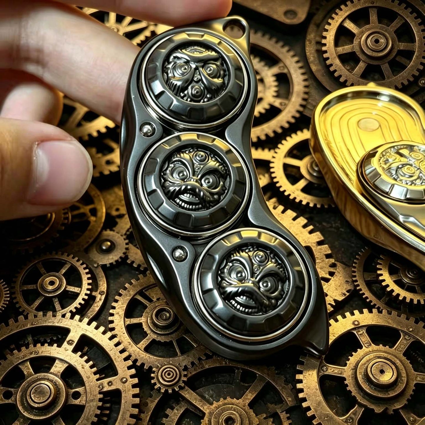 Beast Face Triple-Spinner EDC Pod | CNC Metal | Dense Step Click | Magnetic | Engravable | 2 Colors
