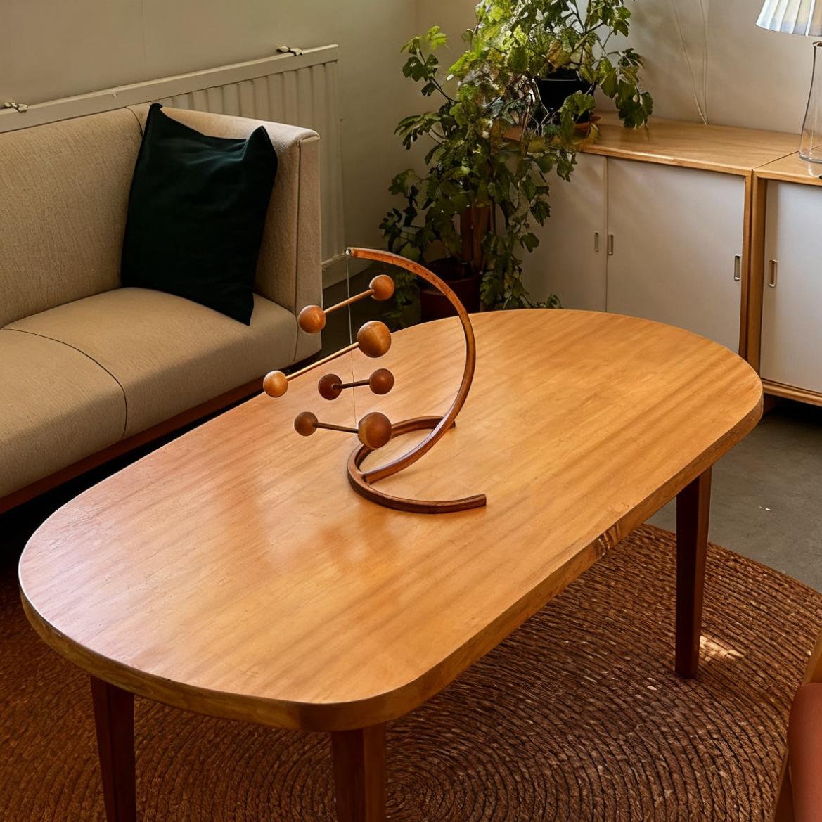 Bent Wood Kinetic Balance Sculpture | Cherry Wood & Brass Desk Decor | Engravable Dynamic Art