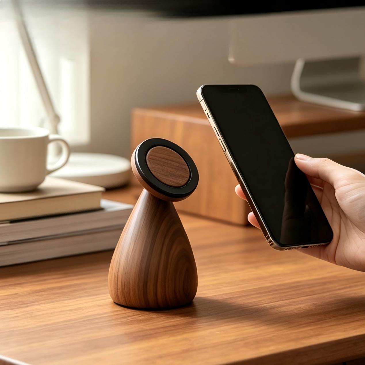 Black Walnut Magnetic Phone Stand | 360° Rotate + 300° Tilt | Solid Wood Desk Phone Holder | Engravable